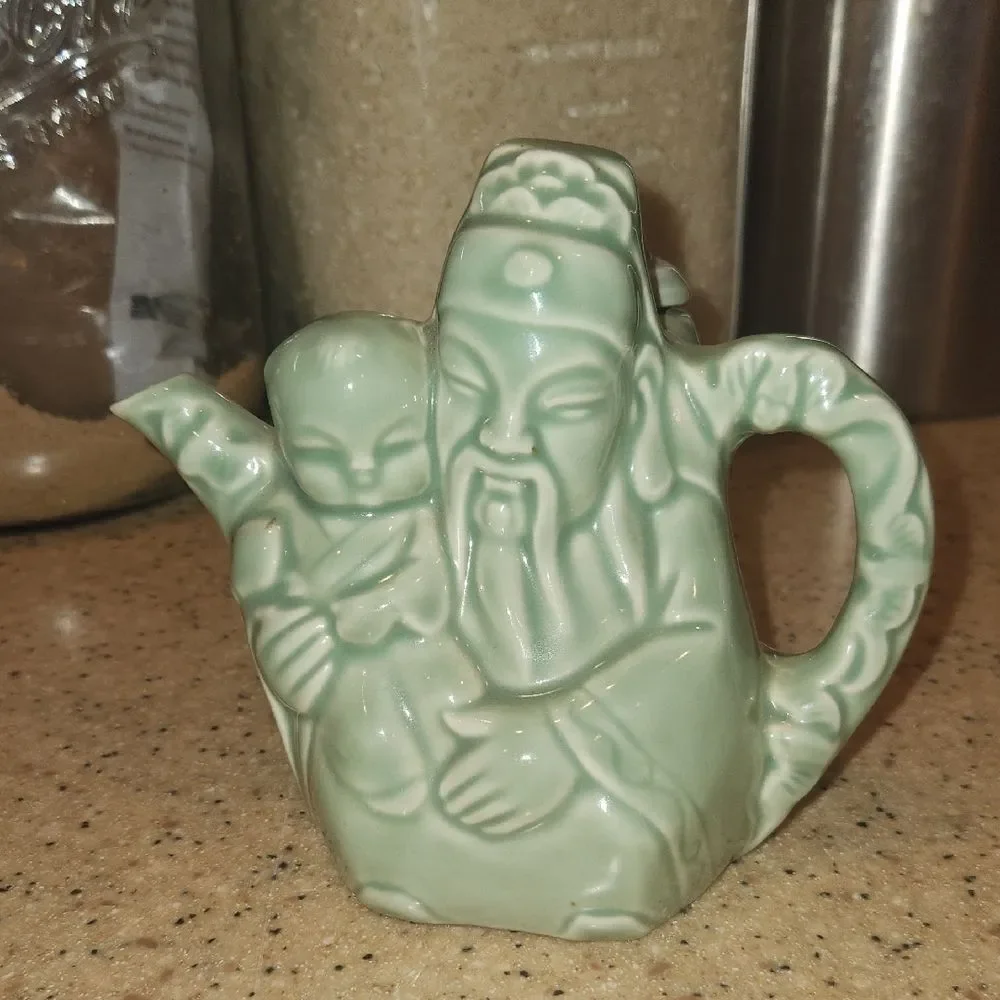 Vintage Celadon Sanxing Chinese Fortune God Fu Holding Child Ceramic Teapot